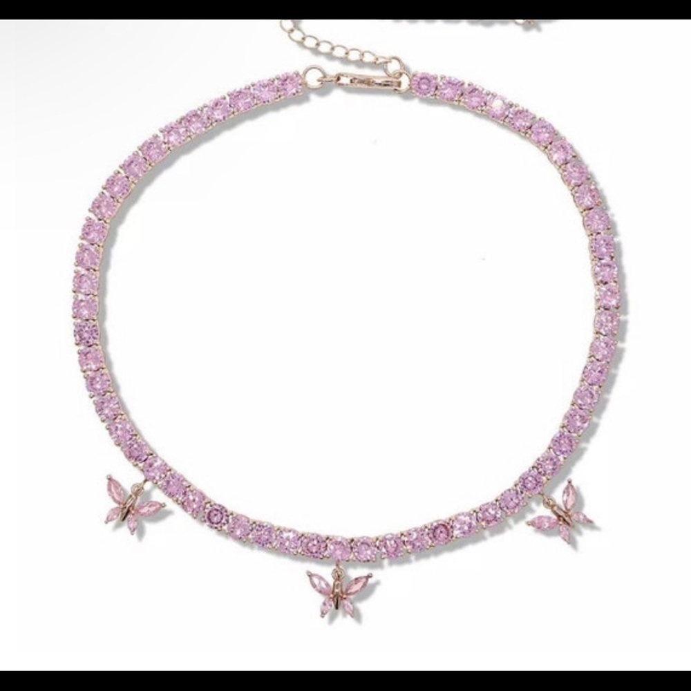 PINK butterfly tennis choker , cz tennis butterfly necklace , bling iced… - Picture 3 of 6